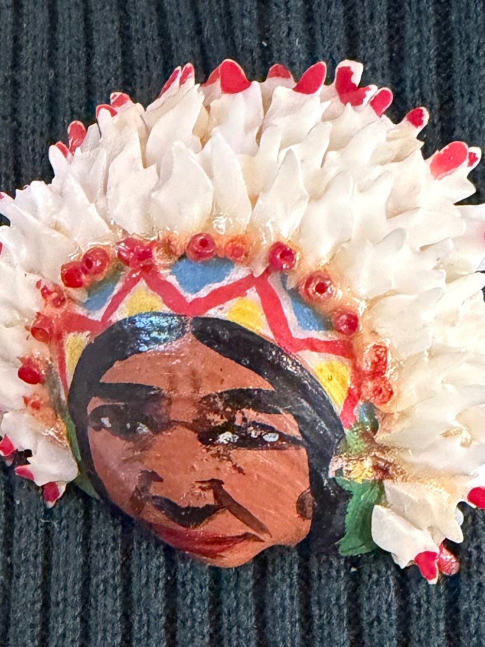 Vintage 1940's Hand Painted Brooch Depicting a Native American Chief